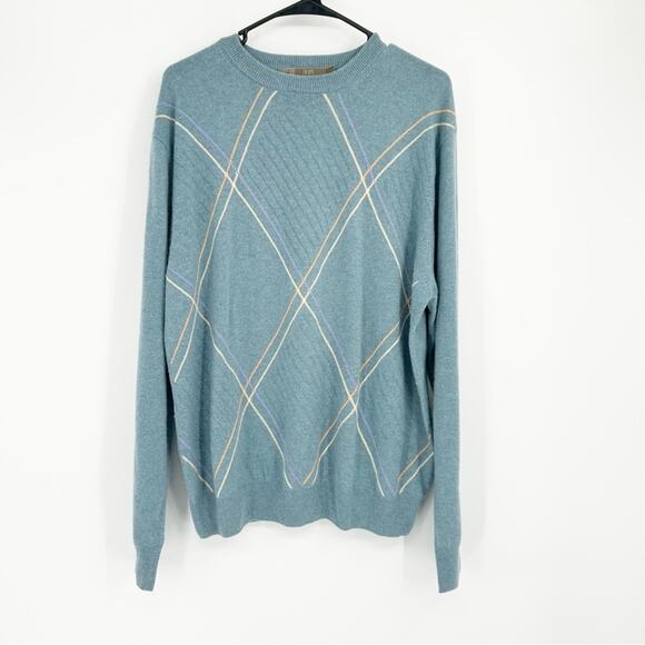 Raffi Men's Blue Argyle 100% Cashmere Sweater Size 52 Large Casual Preppy - Picture 1 of 7